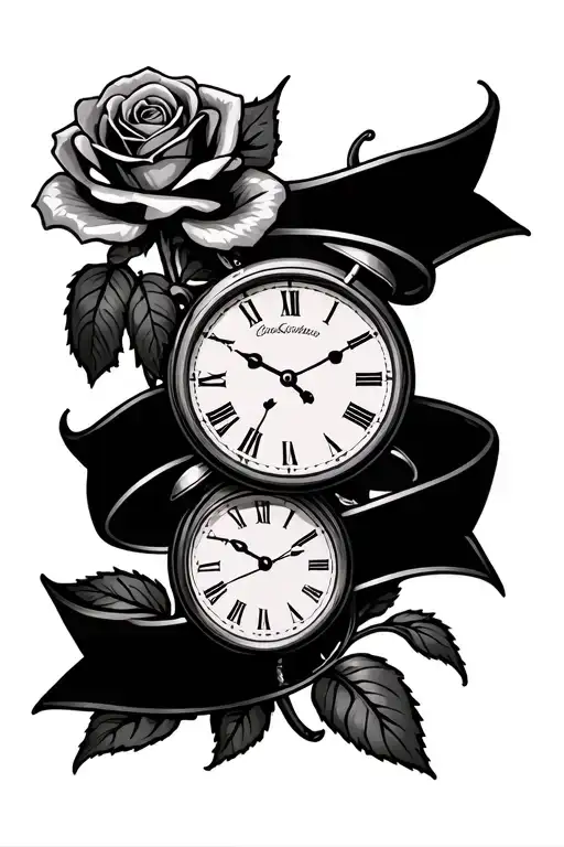 two clocks stacked together with intertwining banner and rose on left side - Variation 4
