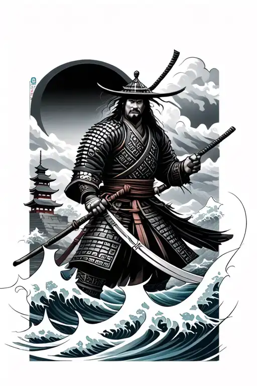 samurai warrior with Japanese temple in background some waves as a flow realistic design