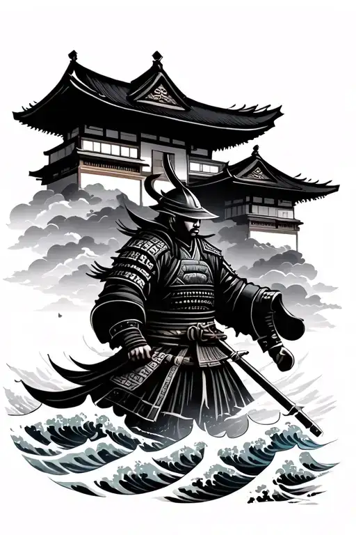 samurai warrior with Japanese temple in background some waves as a flow realistic design - Variation 2