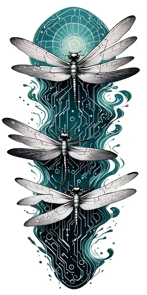 three dragonflies, flying over a tiled ocean made out of  electrical circuits.
