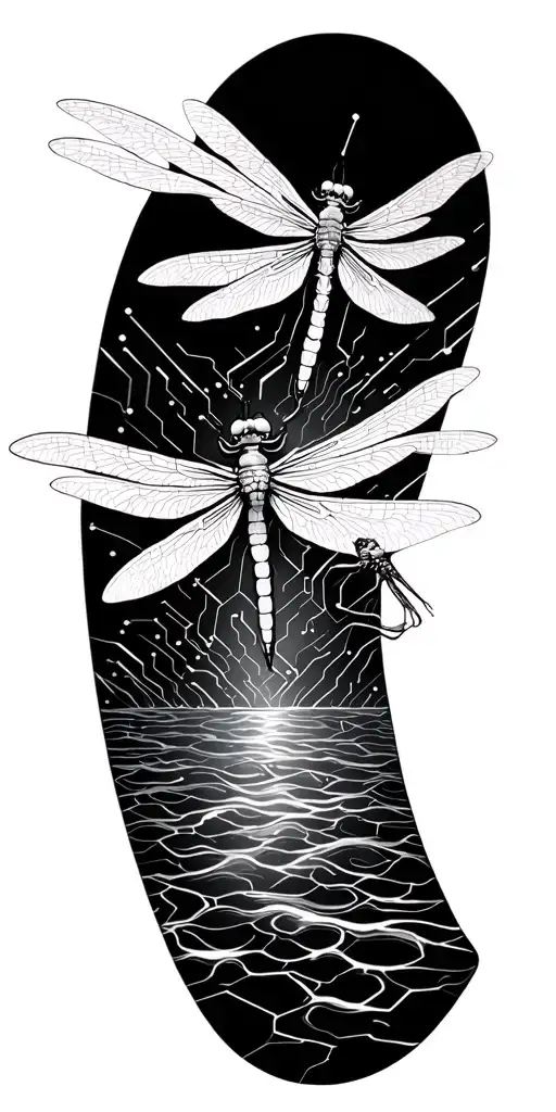 three dragonflies, flying over a tiled ocean made out of  electrical circuits. - Variation 2