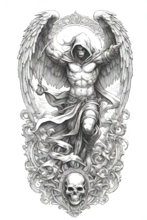 hooded arch angel defeating a demon