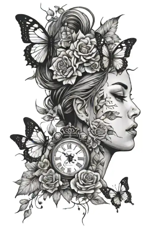 resilient woman with clock butterflies flowers feathers