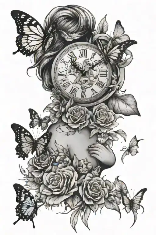 resilient woman with clock butterflies flowers feathers - Variation 2