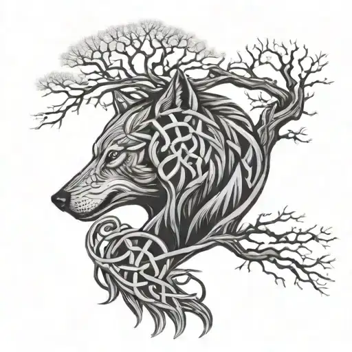 A Celtic knot, tree and wolf merging to wrap around the bicep