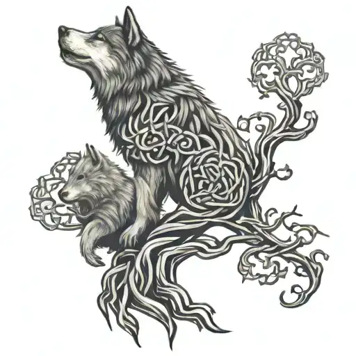 A Celtic knot, tree and wolf merging to wrap around the bicep - Variation 3