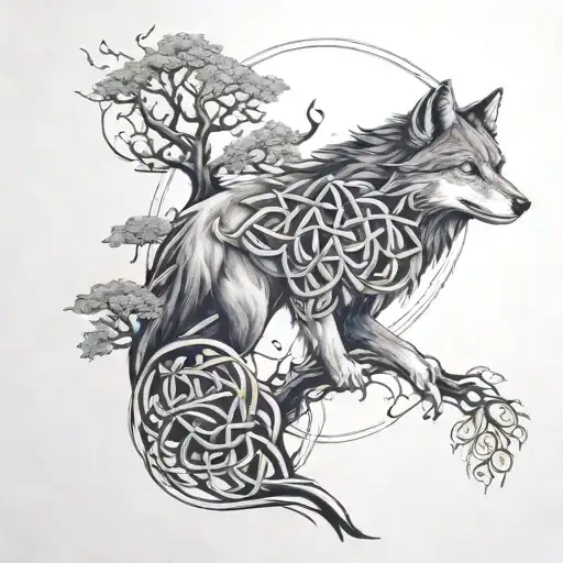 A Celtic knot, tree and wolf merging to wrap around the bicep - Variation 4