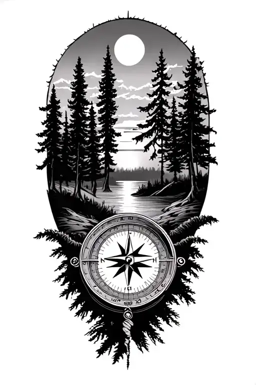 sunset, forest,pine trees, nature scence,compass - Variation 2