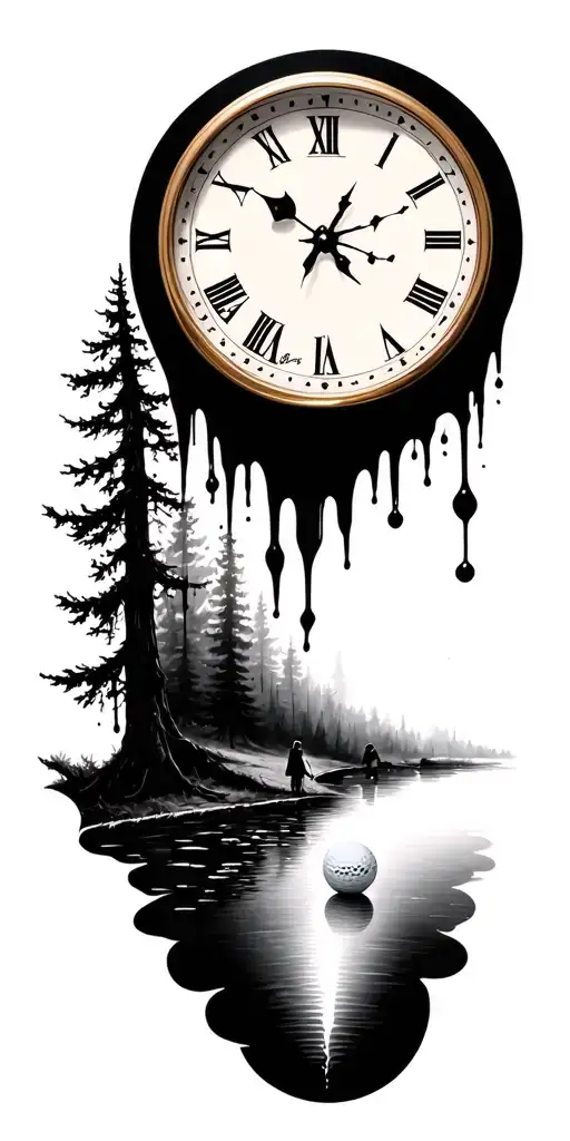 salvador dali melting clock and forest scene and family and golf