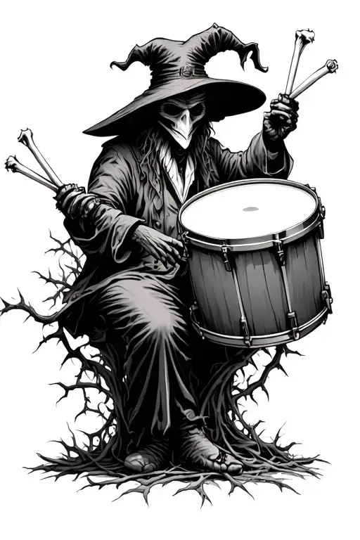 Wicked plague doctor holding drumsticks made of bone. Sitting on a bass drum with thorny vines growing around him. - Variation 1