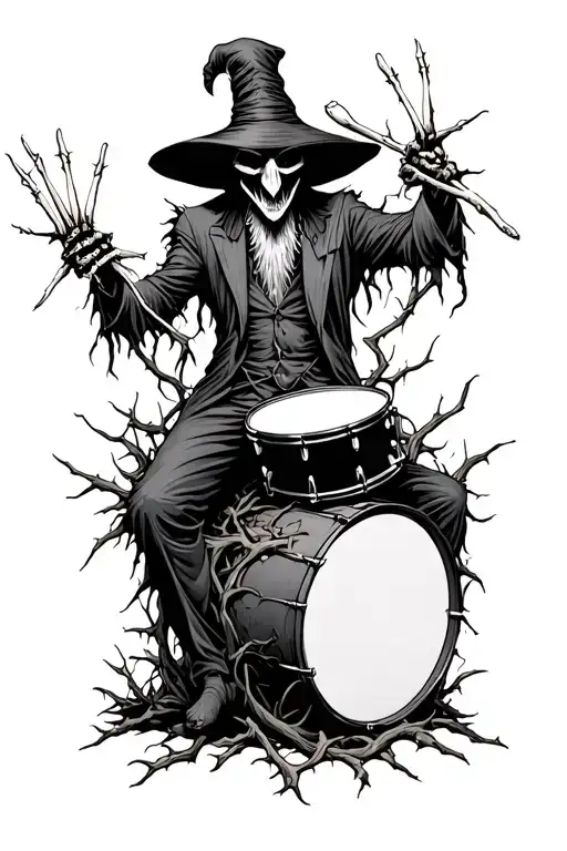 Wicked plague doctor holding drumsticks made of bone. Sitting on a bass drum with thorny vines growing around him. - Variation 2