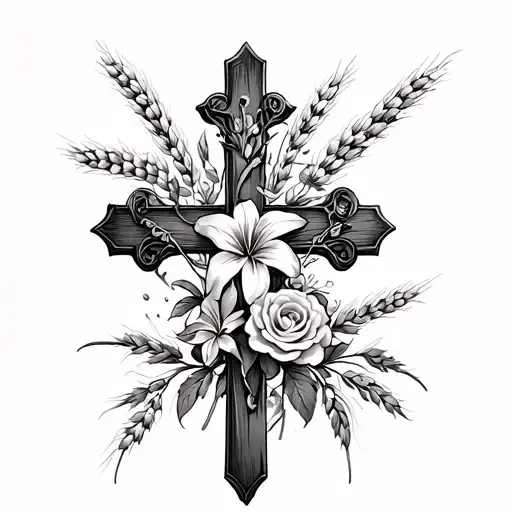 Cross with Vinescurling up it with small roses carnations and lilys intertwined and Wheat in the Back tattoo