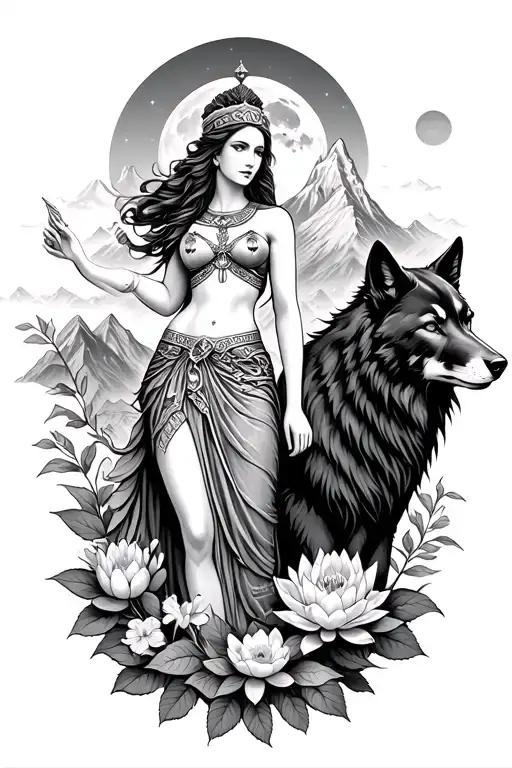 sexy Athena goddess surrounded by poeny and lotus flowers growing with a black wolf in a mountain range with a moon - Variation 1