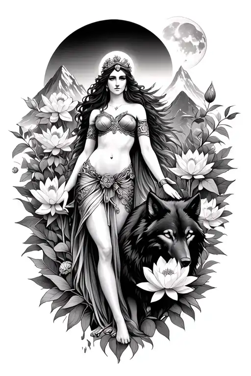 sexy Athena goddess surrounded by poeny and lotus flowers growing with a black wolf in a mountain range with a moon - Variation 2