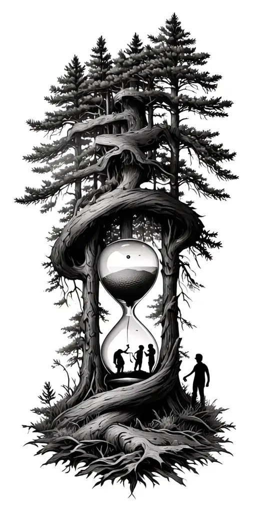 Pine forest wrap around and family tree and hour glass father with 3 kids and golf