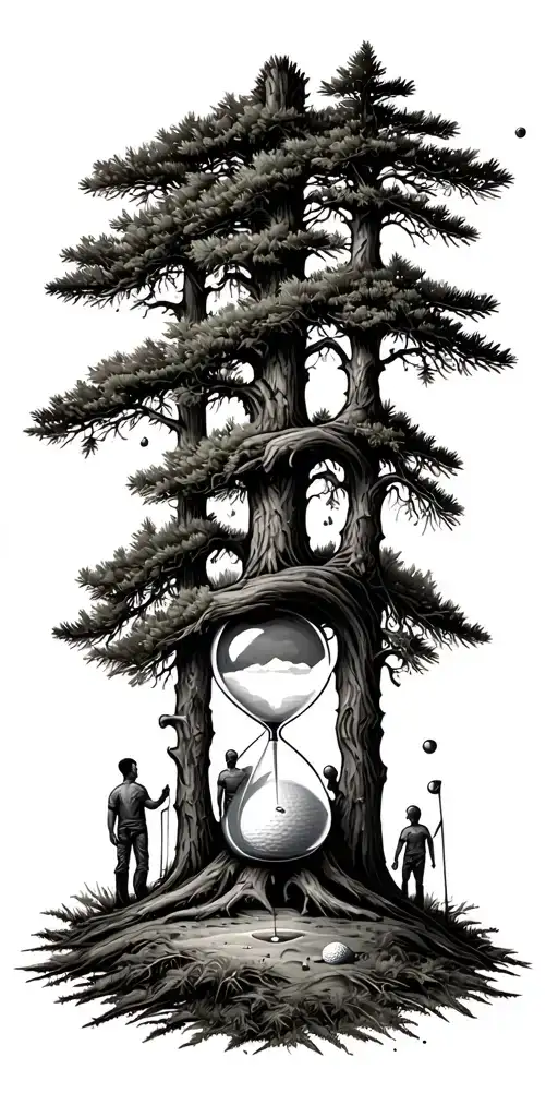 Pine forest wrap around and family tree and hour glass father with 3 kids and golf - Variation 2