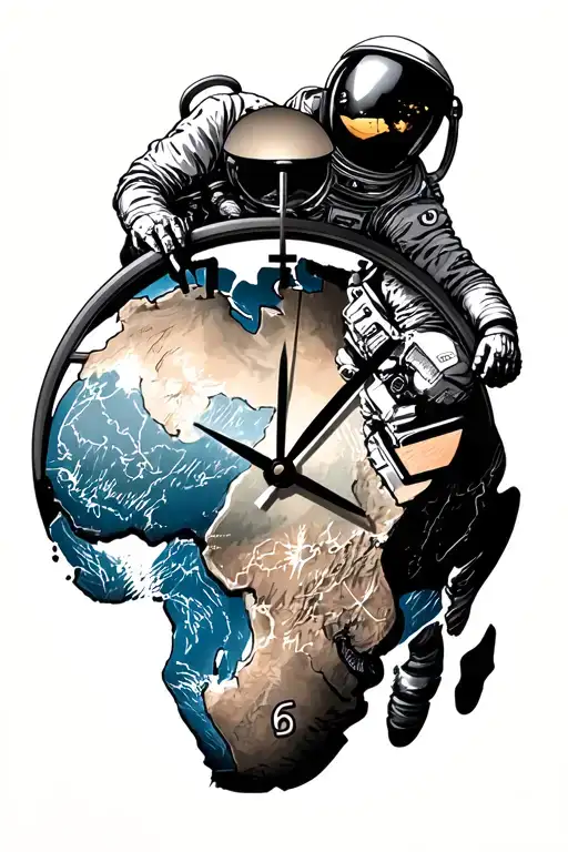clock face with africa map on the face and a astronaut trying to hold on to the clock - Variation 1