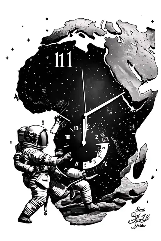 clock face with africa map on the face and a astronaut trying to hold on to the clock - Variation 2