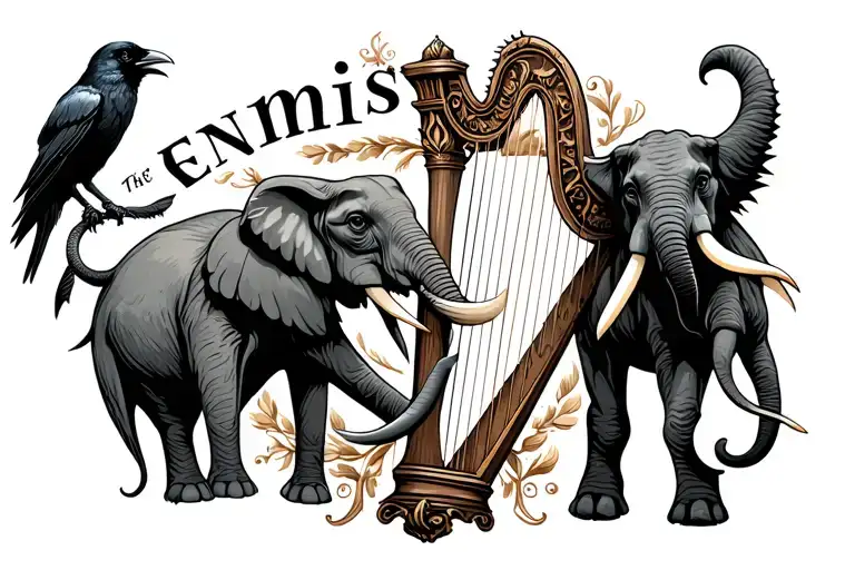 The name ennis with a crow, a harp, and an elephant