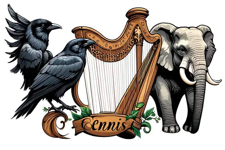 The name ennis with a crow, a harp, and an elephant - Variation 2