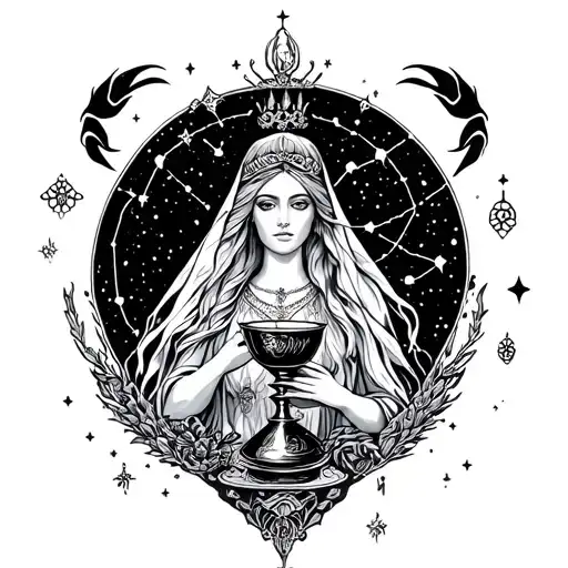 Queen of Cups surrounded by Scorpio constellation