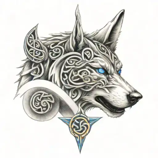 Wolf With Blue Eyes On Armor Tattoo Design Featuring Celtic Trinity Knot Tattoo
