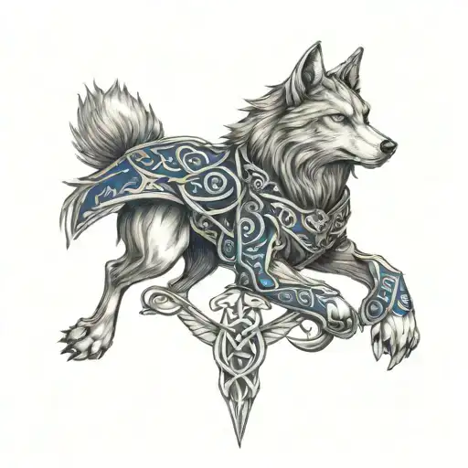 Wolf With Blue Eyes On Armor Tattoo Design Featuring Celtic Trinity Knot Tattoo - Variation 2