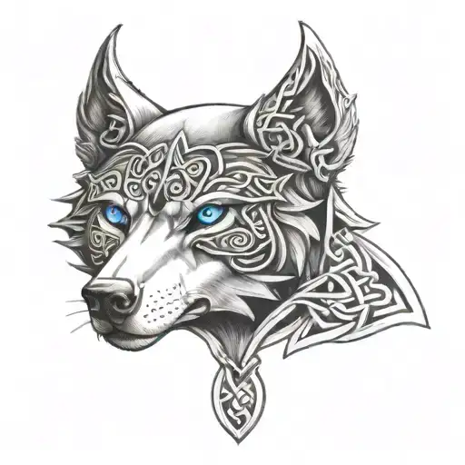 Wolf With Blue Eyes On Armor Tattoo Design Featuring Celtic Trinity Knot Tattoo - Variation 3