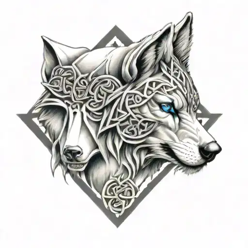 Wolf With Blue Eyes On Armor Tattoo Design Featuring Celtic Trinity Knot Tattoo - Variation 4