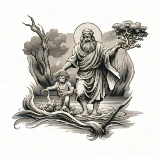 st Christopher walking through river carrying child to safety 