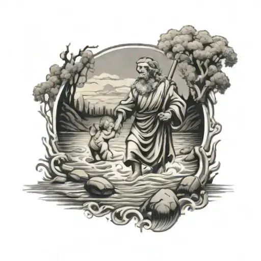 st Christopher walking through river carrying child to safety - Variation 2