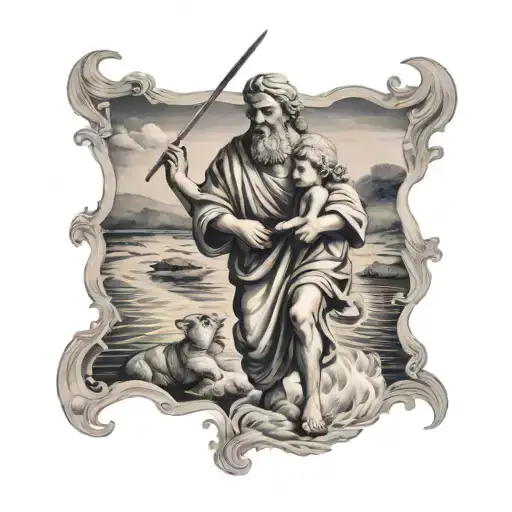 st Christopher walking through river carrying child to safety - Variation 3