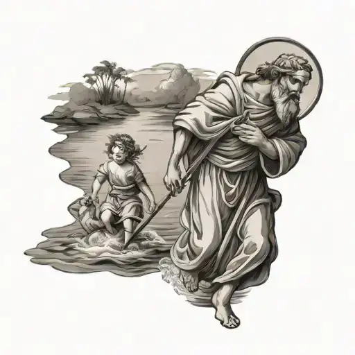 st Christopher walking through river carrying child to safety - Variation 4