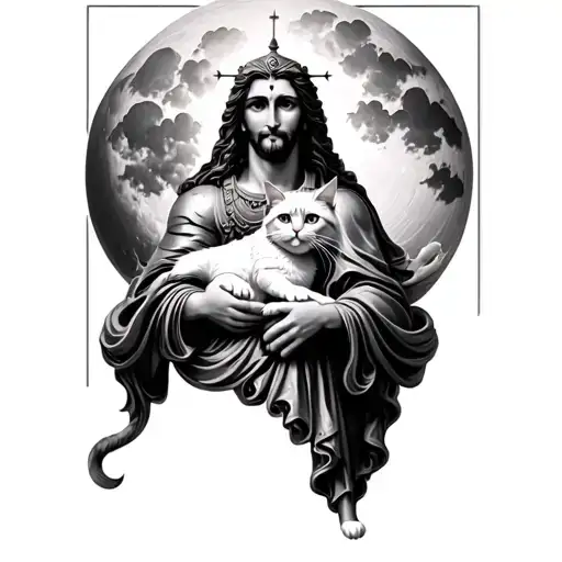 a god sculpture holding a furry white cat and a moon as a background
