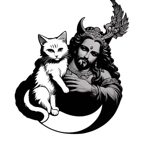 a god sculpture holding a furry white cat and a moon as a background - Variation 2