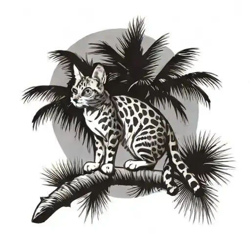 Savannah cat climbing up palm tree branch