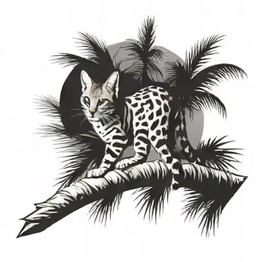 Savannah cat climbing up palm tree branch - Variation 2