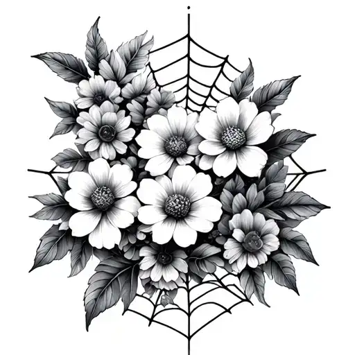 honeycomb and spider web with botanical flowers - Variation 2