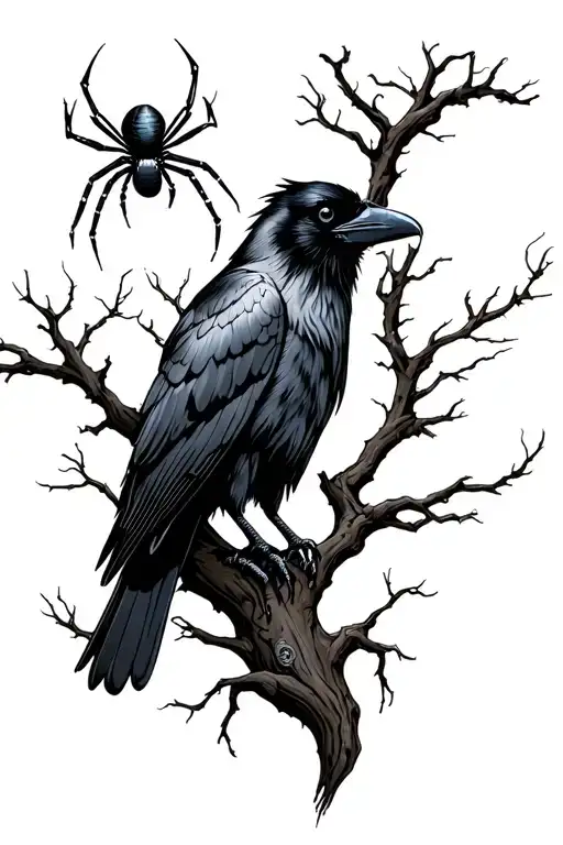 raven on tree with spider - Variation 2