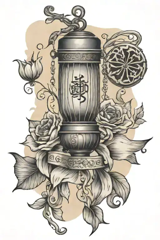 esoteric Chinese lantern, parchment scroll, ribbon with Latin inscription and sword.