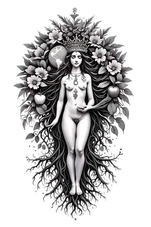 spiritual Woman standing on roots flowers growing out of head om crown with multiple arms 1 holding world and 1 apple &  - Variation 2