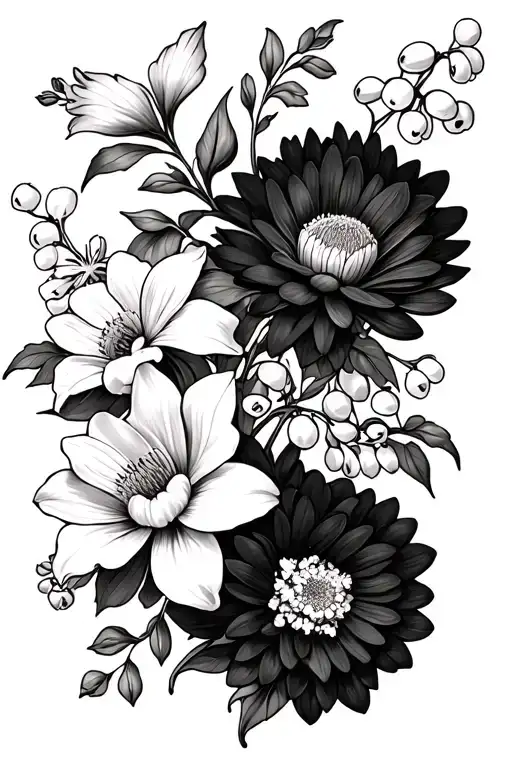 i want the specific flowers chrysanthemum, daffodil, lily of the valley, and carnation incorporated together with vines - Variation 1