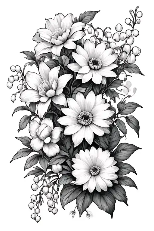 i want the specific flowers chrysanthemum, daffodil, lily of the valley, and carnation incorporated together with vines - Variation 2