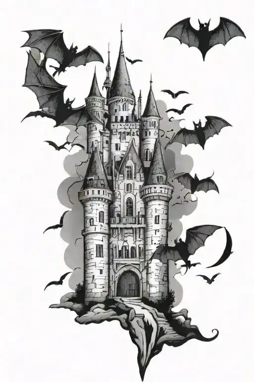 castle with black details and bats around