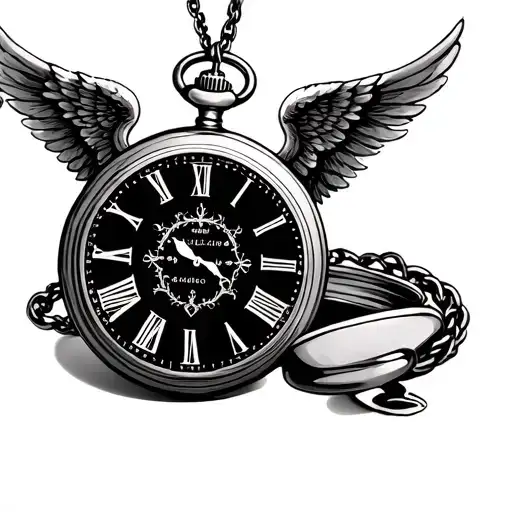 pocket watch, with angel wings, time on quater past 8,  - Variation 2