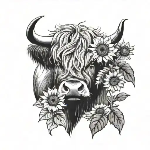 highland cow and sunflowers