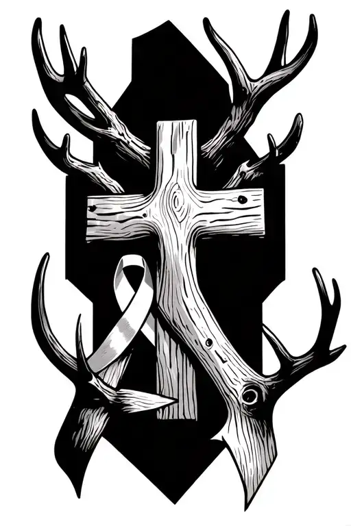 Tattoo consisting of a wooden cross centerpiece with wood grain texture, framed by deer antlers, a cancer ribbon, a diab