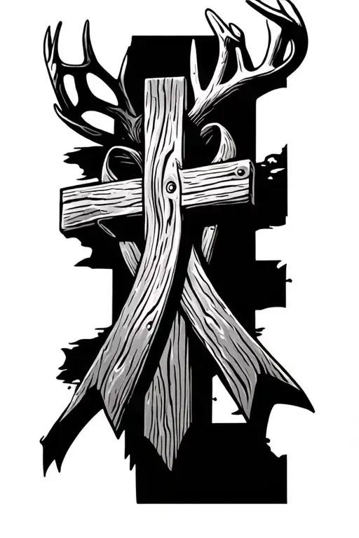 Tattoo consisting of a wooden cross centerpiece with wood grain texture, framed by deer antlers, a cancer ribbon, a diab - Variation 2