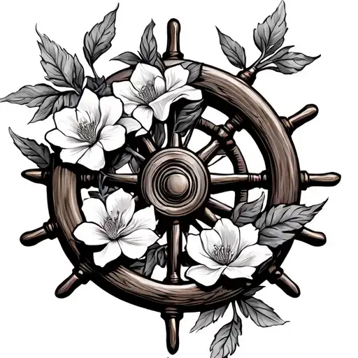 tuberose flowers wrapped around a ship's wheel - Variation 1