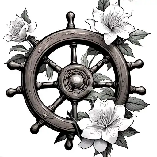tuberose flowers wrapped around a ship's wheel - Variation 2